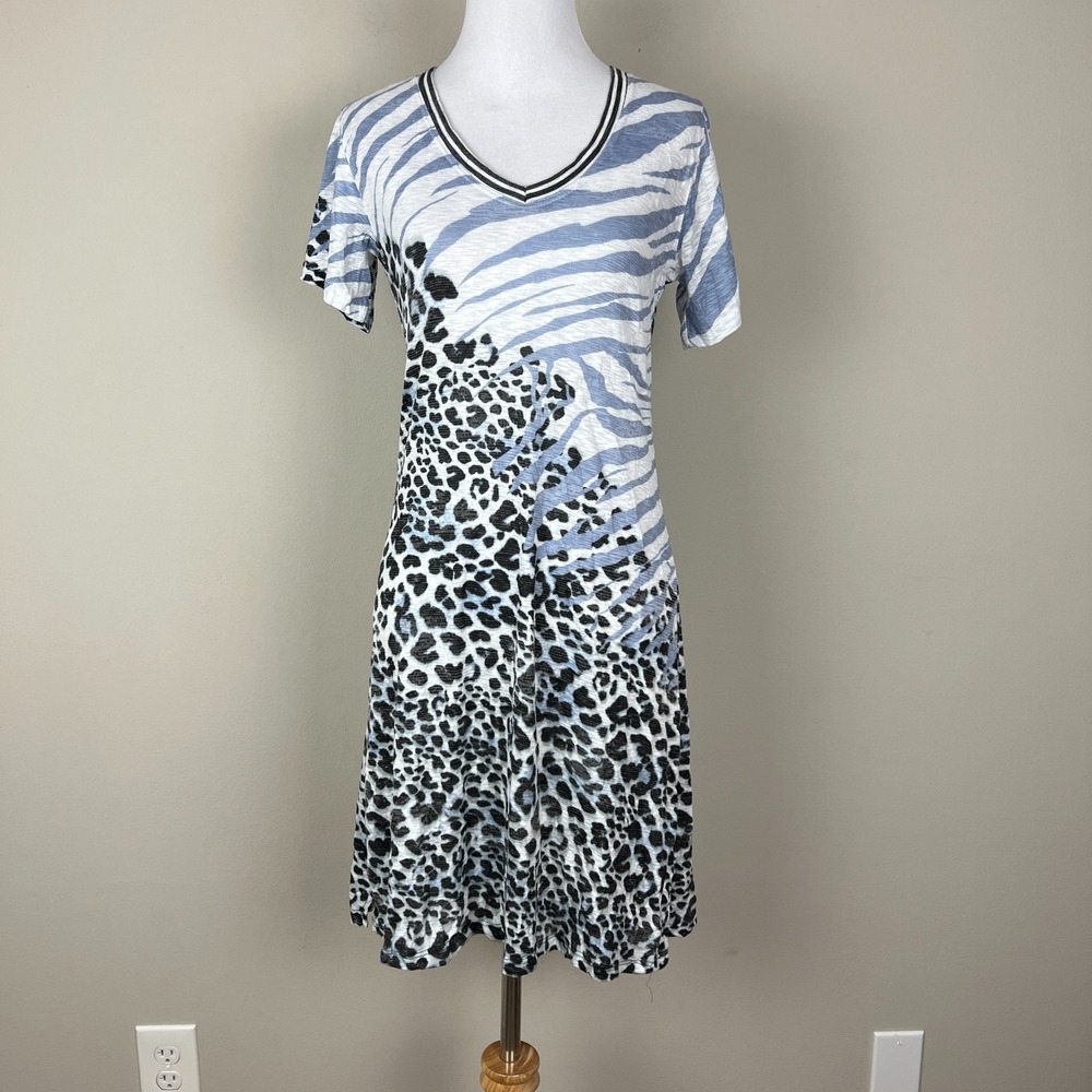David Cline T-Shirt Dress Womens Small Crushed Leopard Zebra Animal Print V-Neck